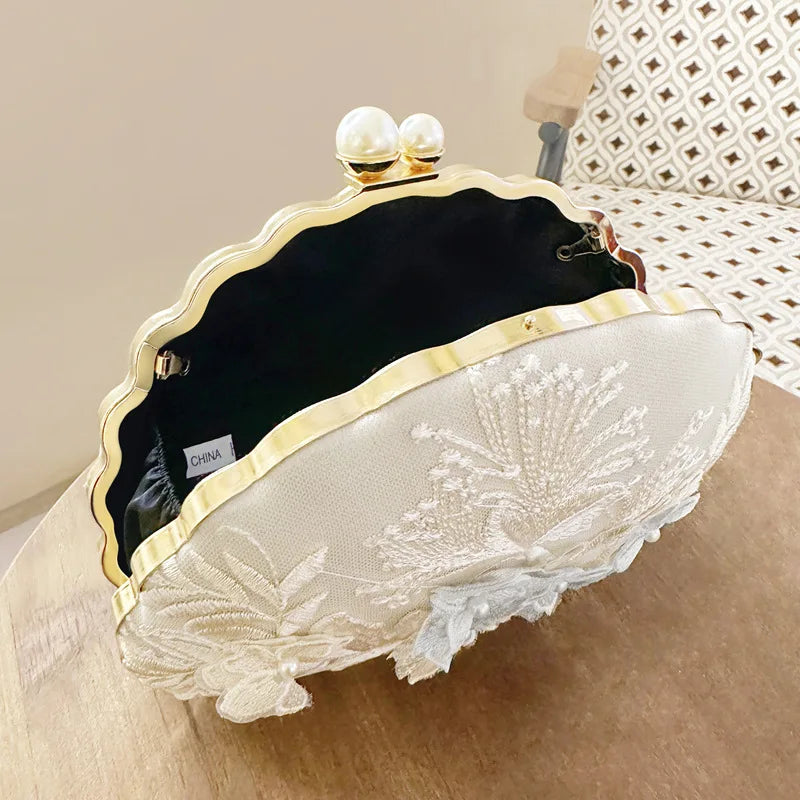 Vintage Shell Shape Silk Floral Design Clutch Bag My She Shop