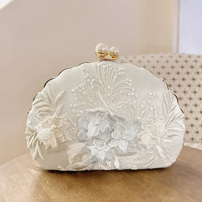 Vintage Shell Shape Silk Floral Design Clutch Bag My She Shop