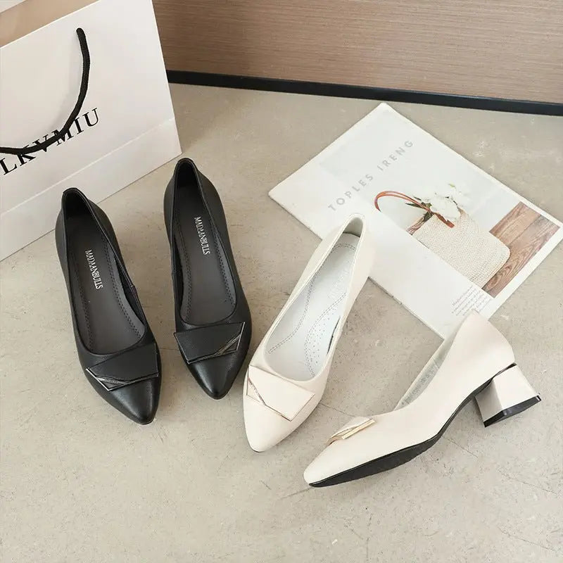 Lovely Leather Pointed Toe with Buckle Solid Color Low Heel Shoes - My She Shop
