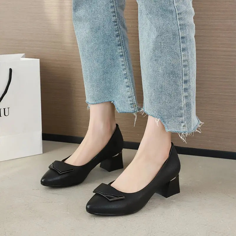 Lovely Leather Pointed Toe with Buckle Solid Color Low Heel Shoes - My She Shop