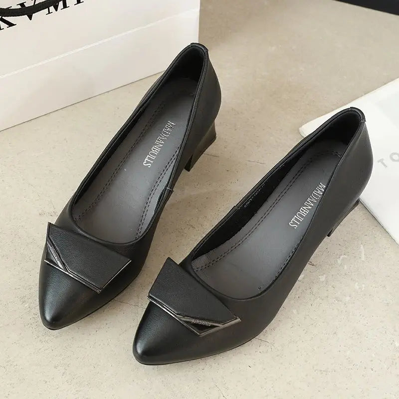 Lovely Leather Pointed Toe with Buckle Solid Color Low Heel Shoes - My She Shop