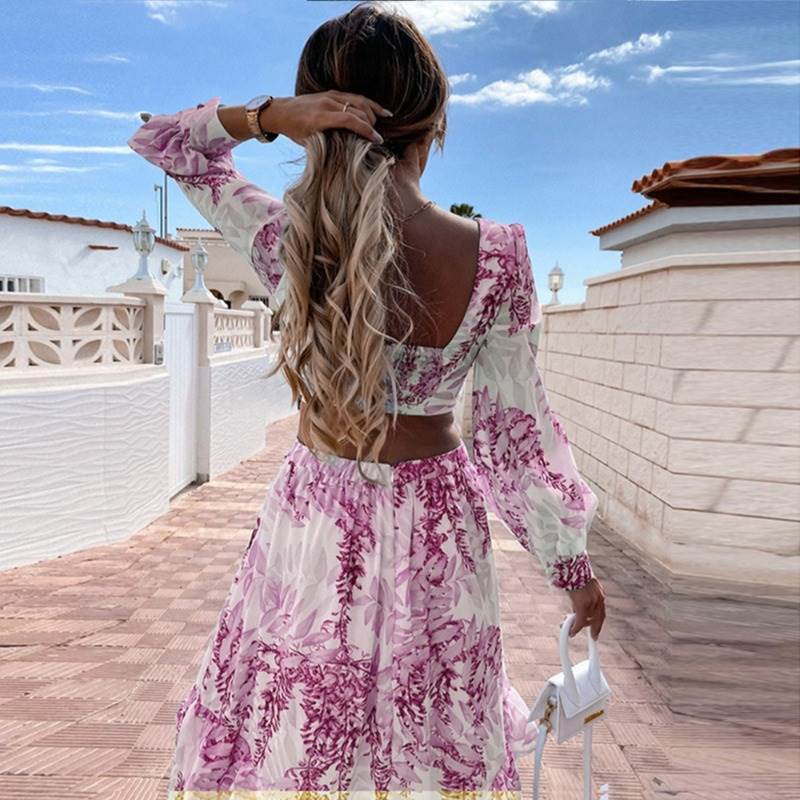 Lovely Lantern Sleeve Backless Boho Style Maxi Dress