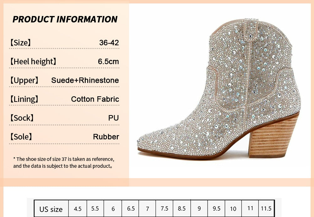 GOGD Crystal Bling High Heel Side Zip Ankle Cowboy Boots