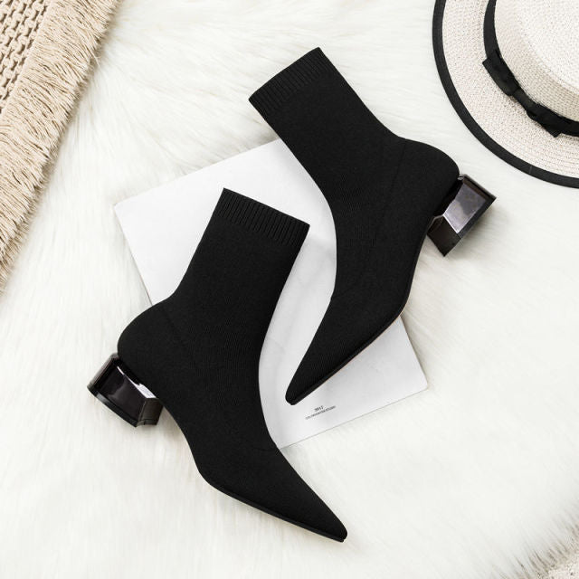 COMEMORE Pointed Toe Square Heel Short Ankle Pull On Booty Shoes - My She Shop