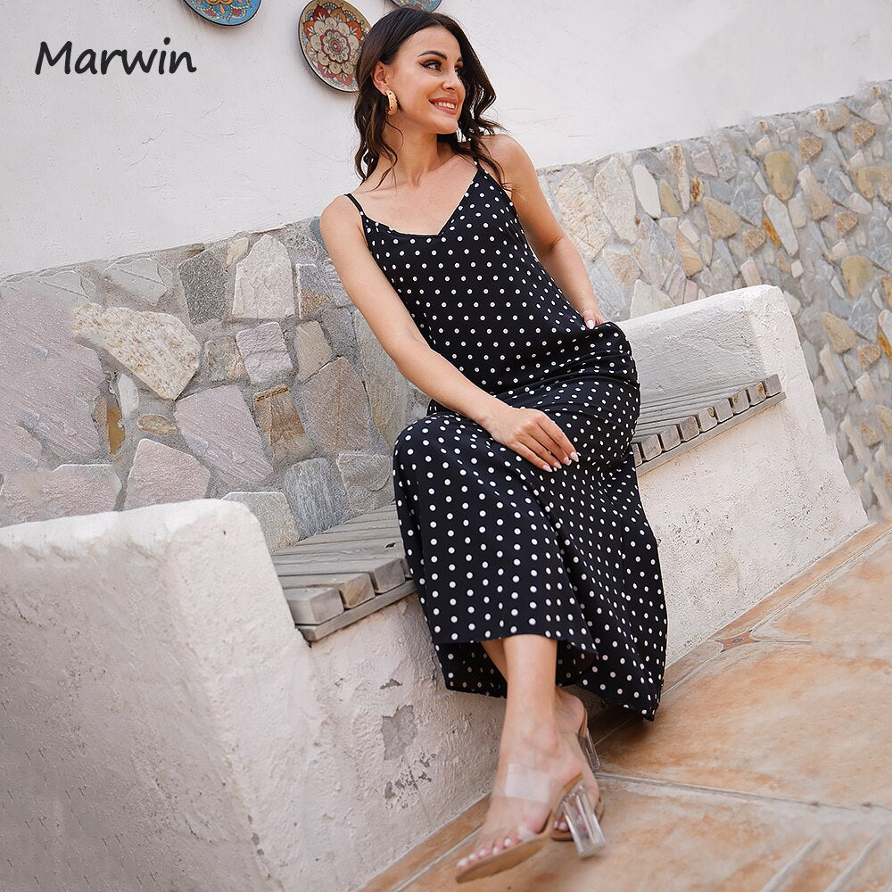 Marwin Simple Casual Fashion Spaghetti Strap Long Women Dot Printing High Street Holiday Style Mid-Calf Pockets Dresses Vestidos - My She Shop