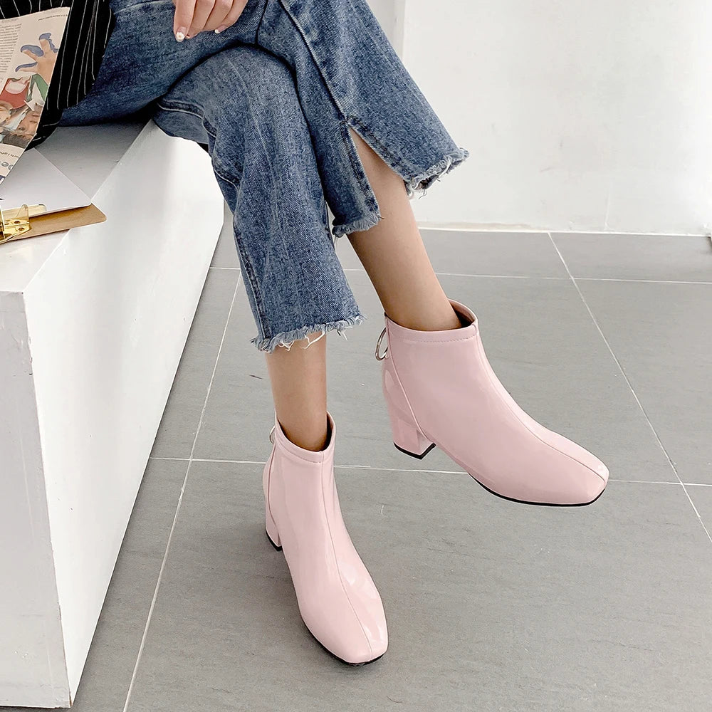 autumn Women ankle Boots fashion simple slip-on Bright leather platform Booties feminina yellow purple Thick with shoes woman 38