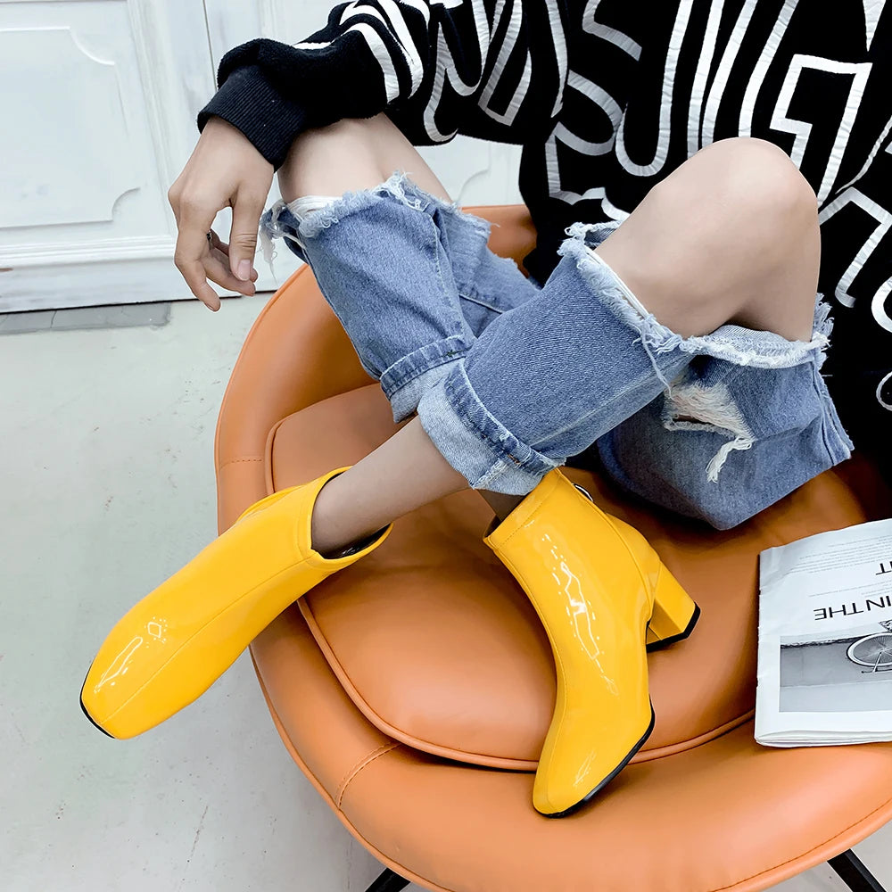 autumn Women ankle Boots fashion simple slip-on Bright leather platform Booties feminina yellow purple Thick with shoes woman 38