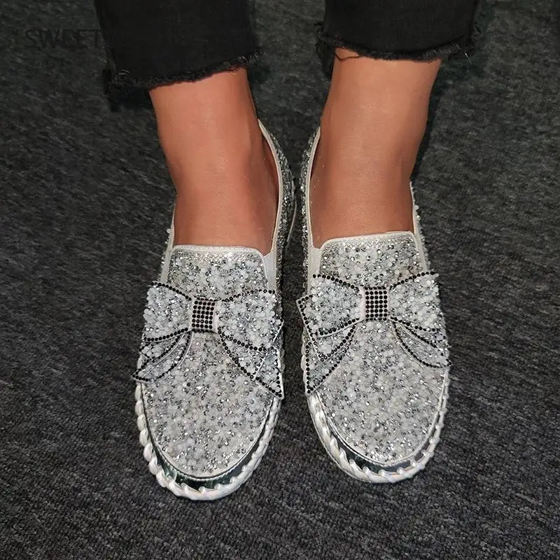 SWEETWOO Sparkly Rhinestone Bow Rubber Platform Casual Shoes