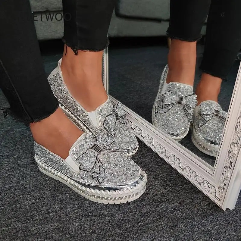 SWEETWOO Sparkly Rhinestone Bow Rubber Platform Casual Shoes