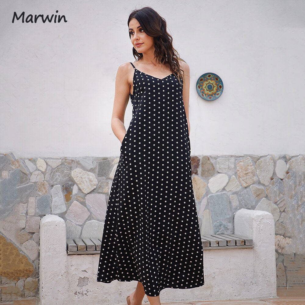 Marwin Simple Casual Fashion Spaghetti Strap Long Women Dot Printing High Street Holiday Style Mid-Calf Pockets Dresses Vestidos - My She Shop