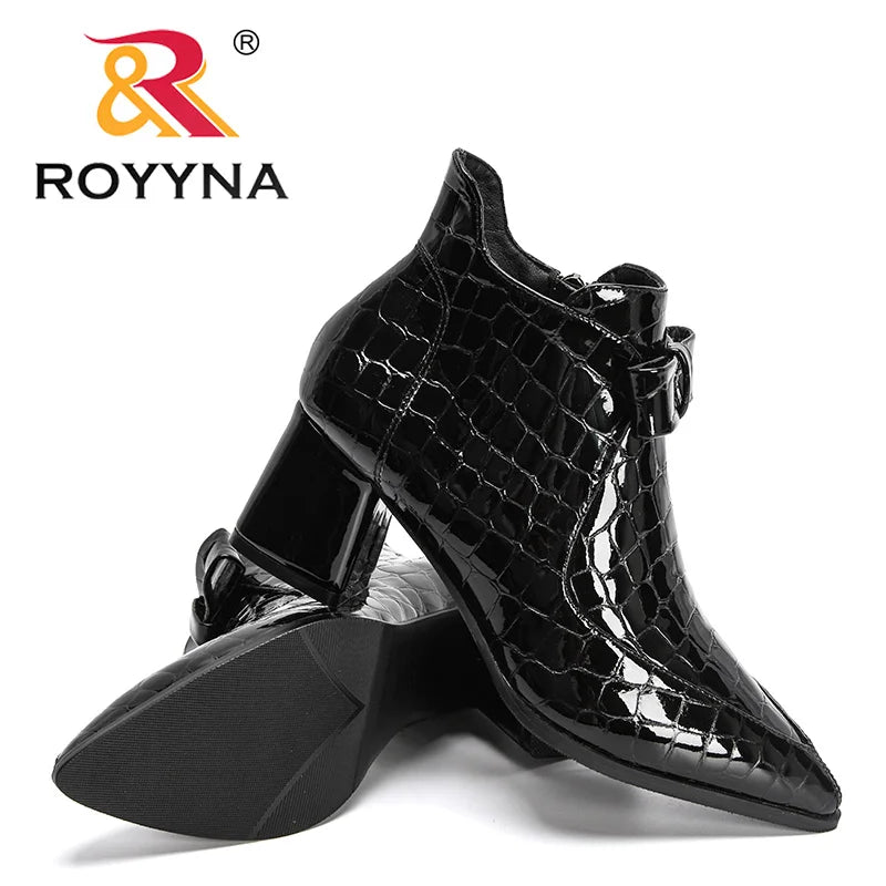 ROYYNA Patent Leather Casual Pointed Toe High Heel Ankle Boots