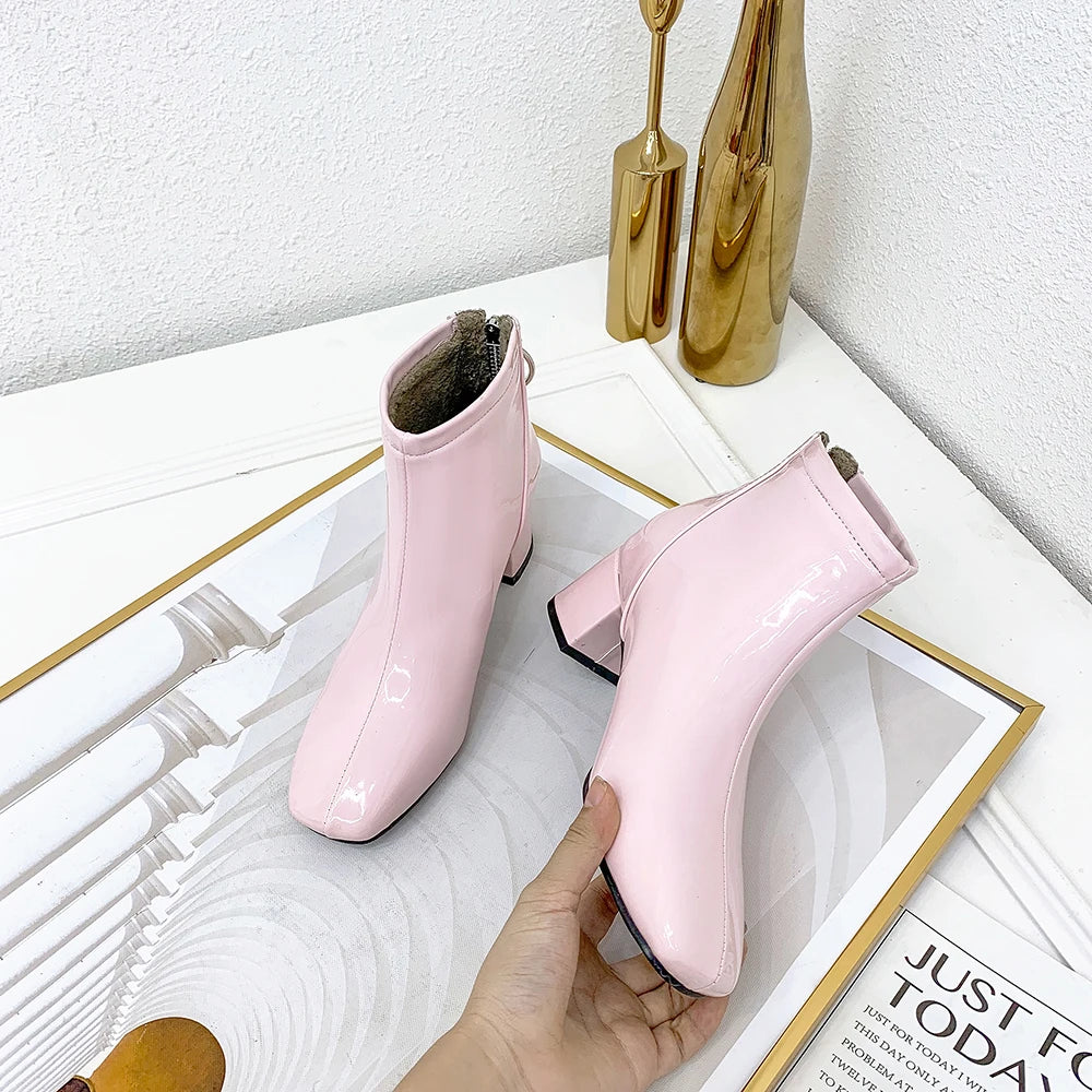 autumn Women ankle Boots fashion simple slip-on Bright leather platform Booties feminina yellow purple Thick with shoes woman 38