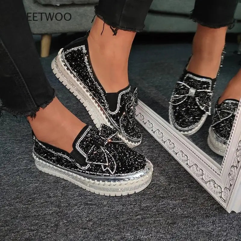 SWEETWOO Sparkly Rhinestone Bow Rubber Platform Casual Shoes