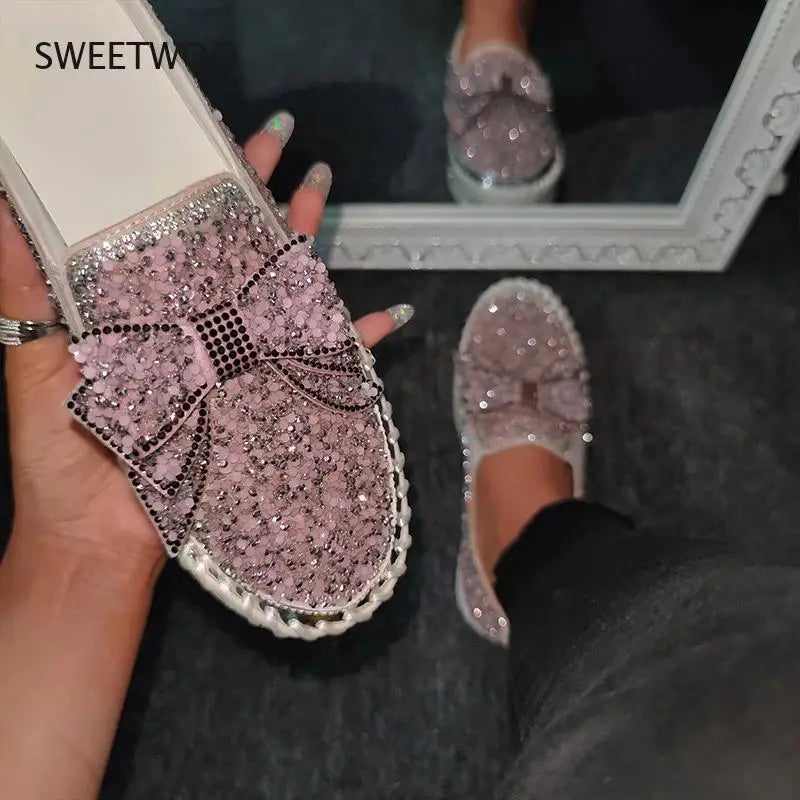 SWEETWOO Sparkly Rhinestone Bow Rubber Platform Casual Shoes