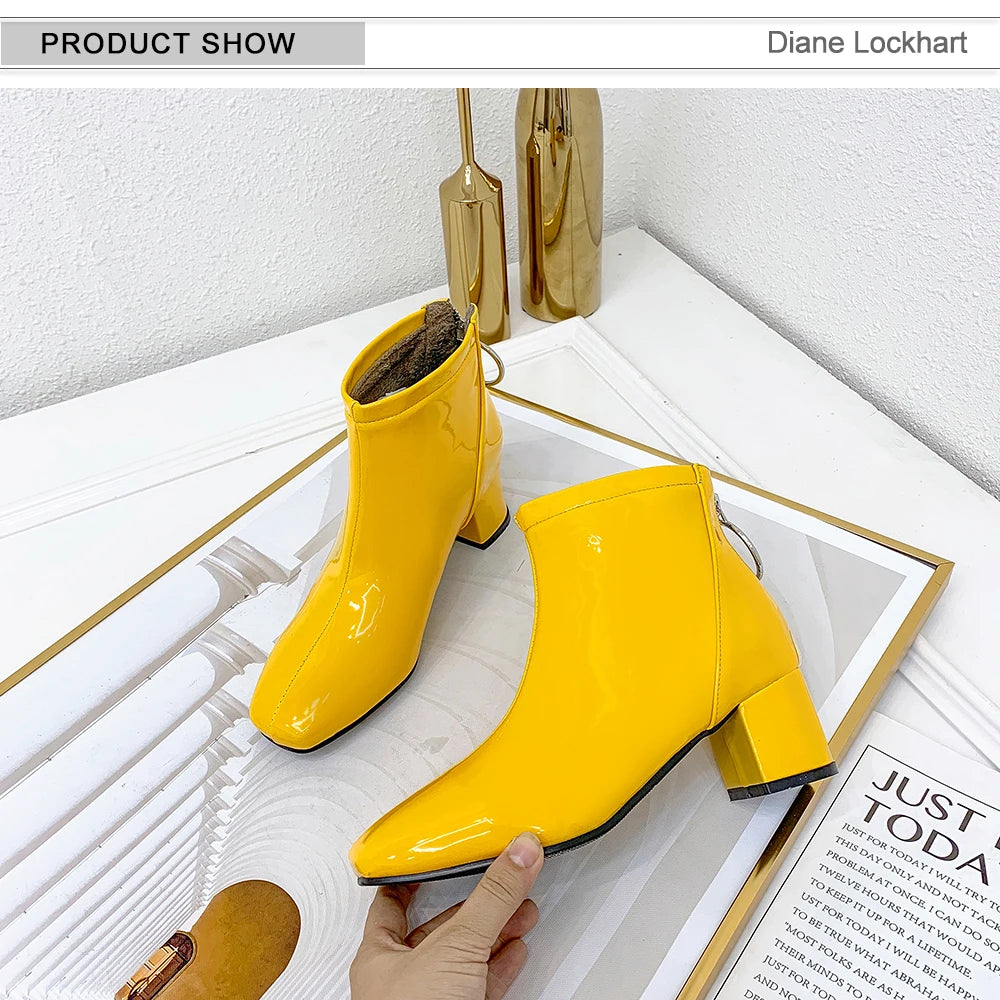 autumn Women ankle Boots fashion simple slip-on Bright leather platform Booties feminina yellow purple Thick with shoes woman 38