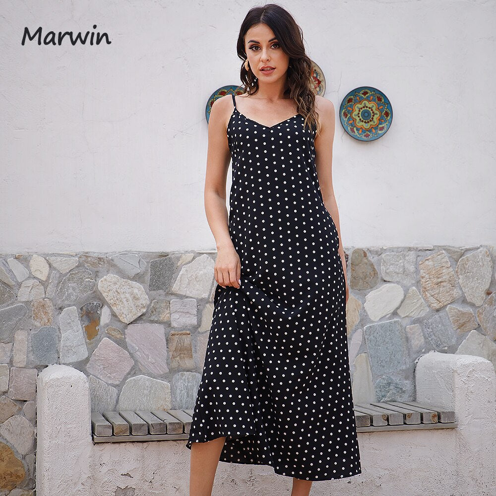 Marwin Simple Casual Fashion Spaghetti Strap Long Women Dot Printing High Street Holiday Style Mid-Calf Pockets Dresses Vestidos - My She Shop