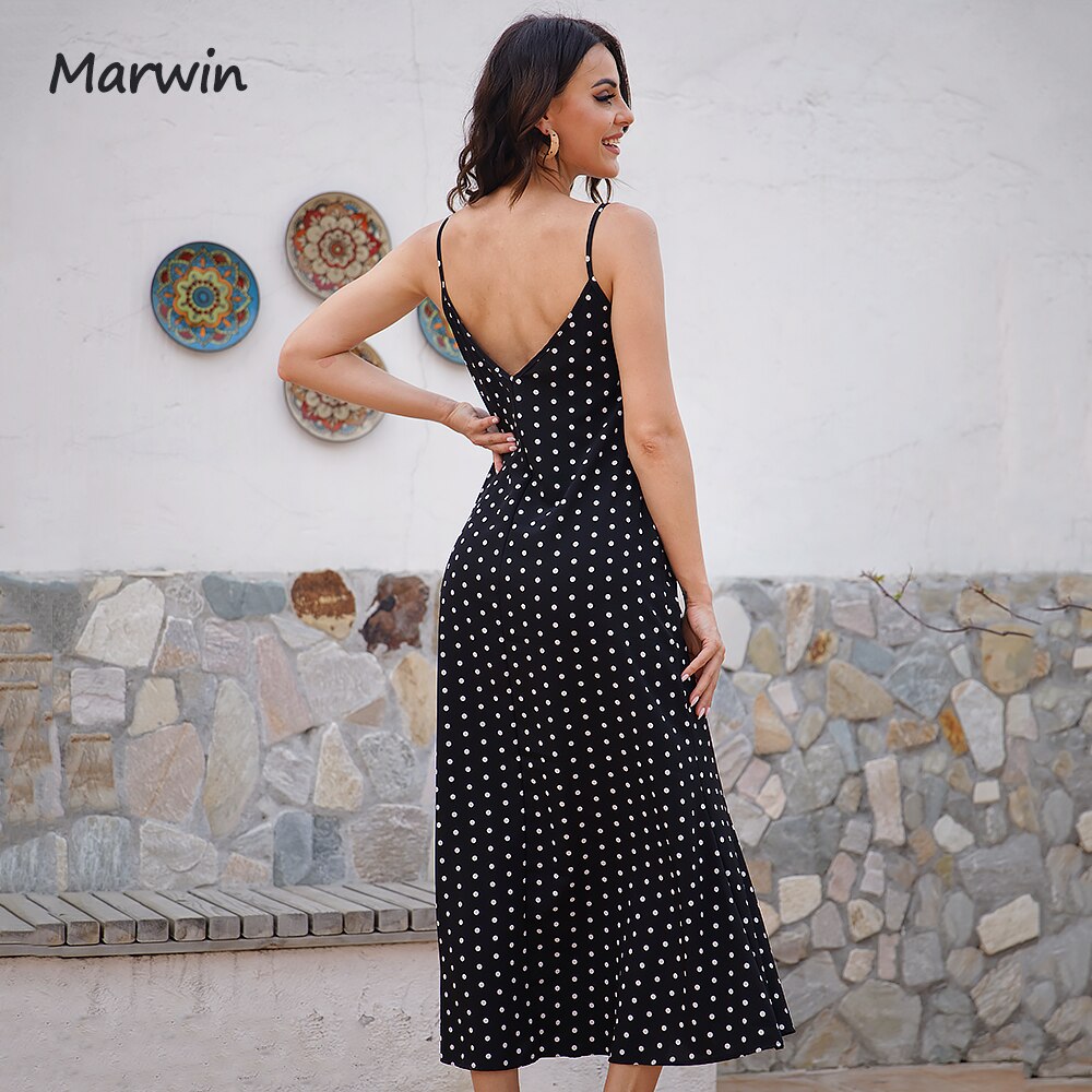 Marwin Simple Casual Fashion Spaghetti Strap Long Women Dot Printing High Street Holiday Style Mid-Calf Pockets Dresses Vestidos - My She Shop