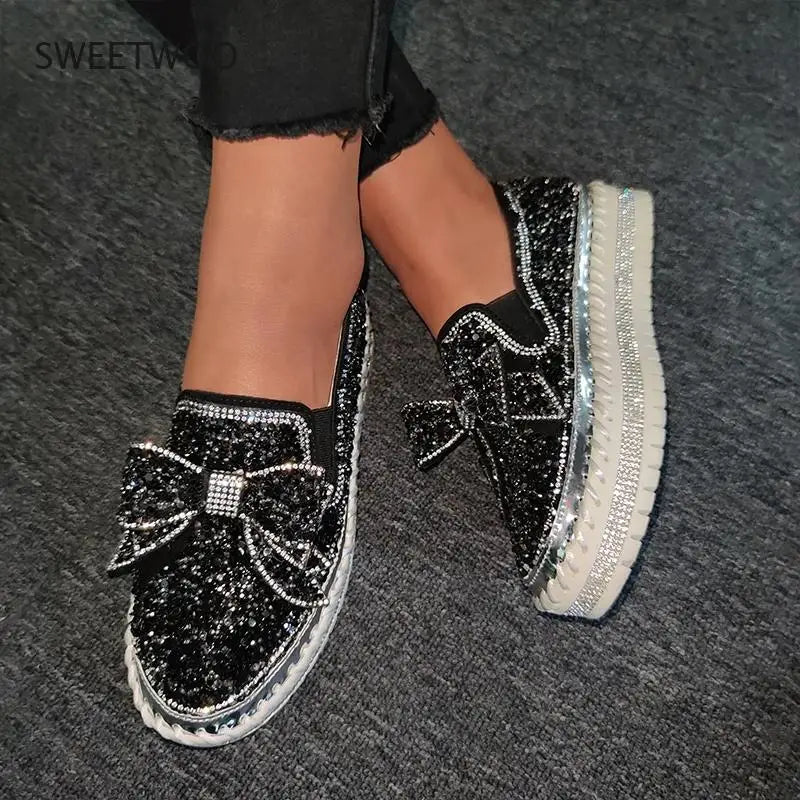 SWEETWOO Sparkly Rhinestone Bow Rubber Platform Casual Shoes