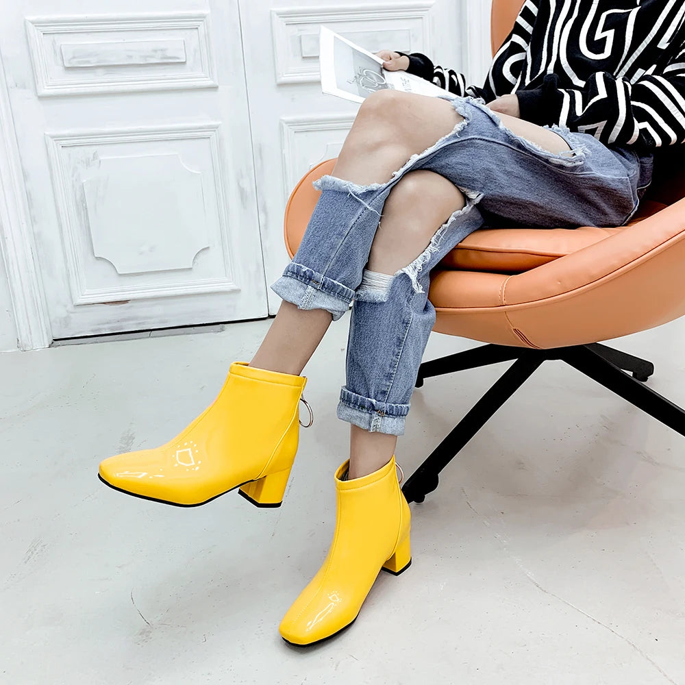 autumn Women ankle Boots fashion simple slip-on Bright leather platform Booties feminina yellow purple Thick with shoes woman 38