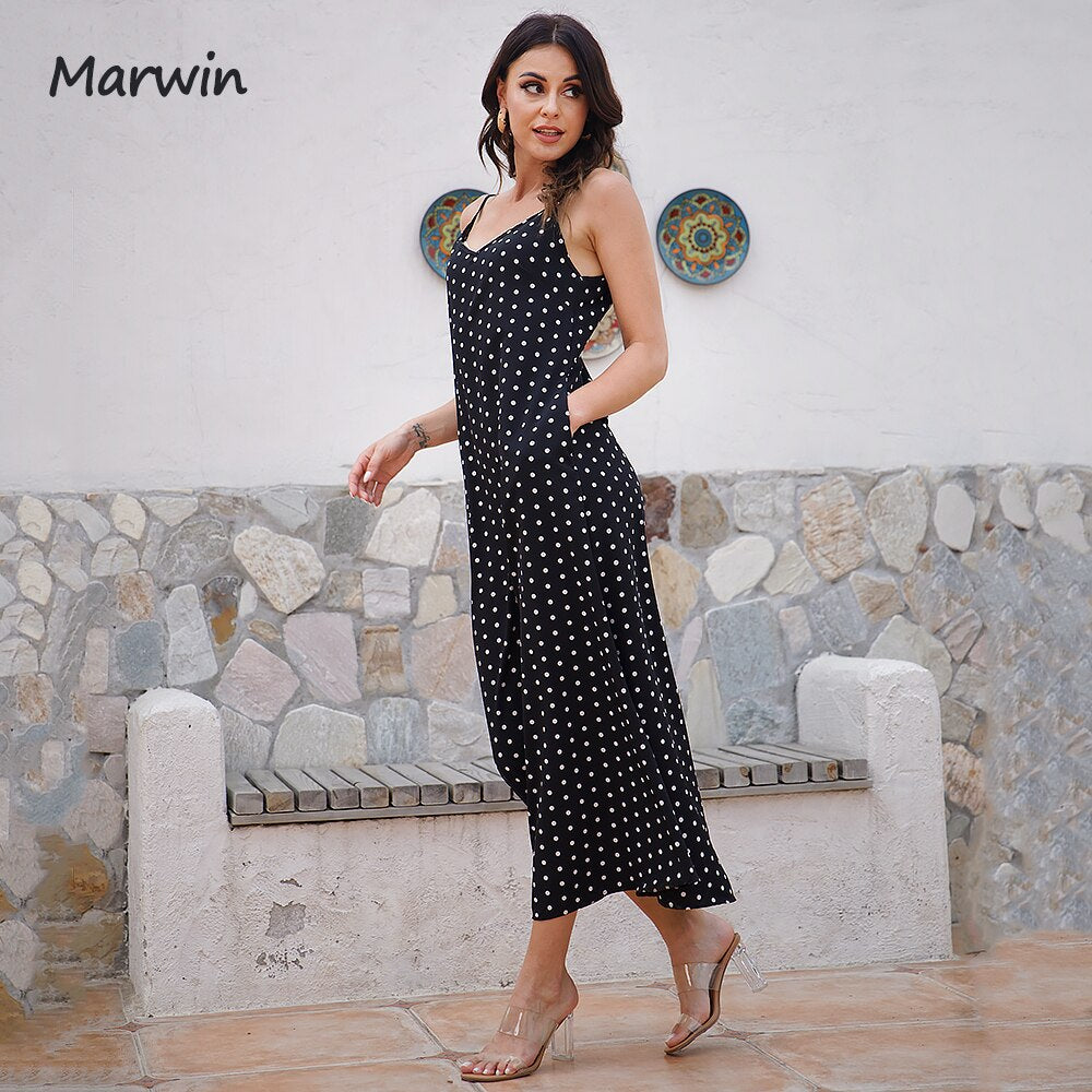 Marwin Simple Casual Fashion Spaghetti Strap Long Women Dot Printing High Street Holiday Style Mid-Calf Pockets Dresses Vestidos - My She Shop