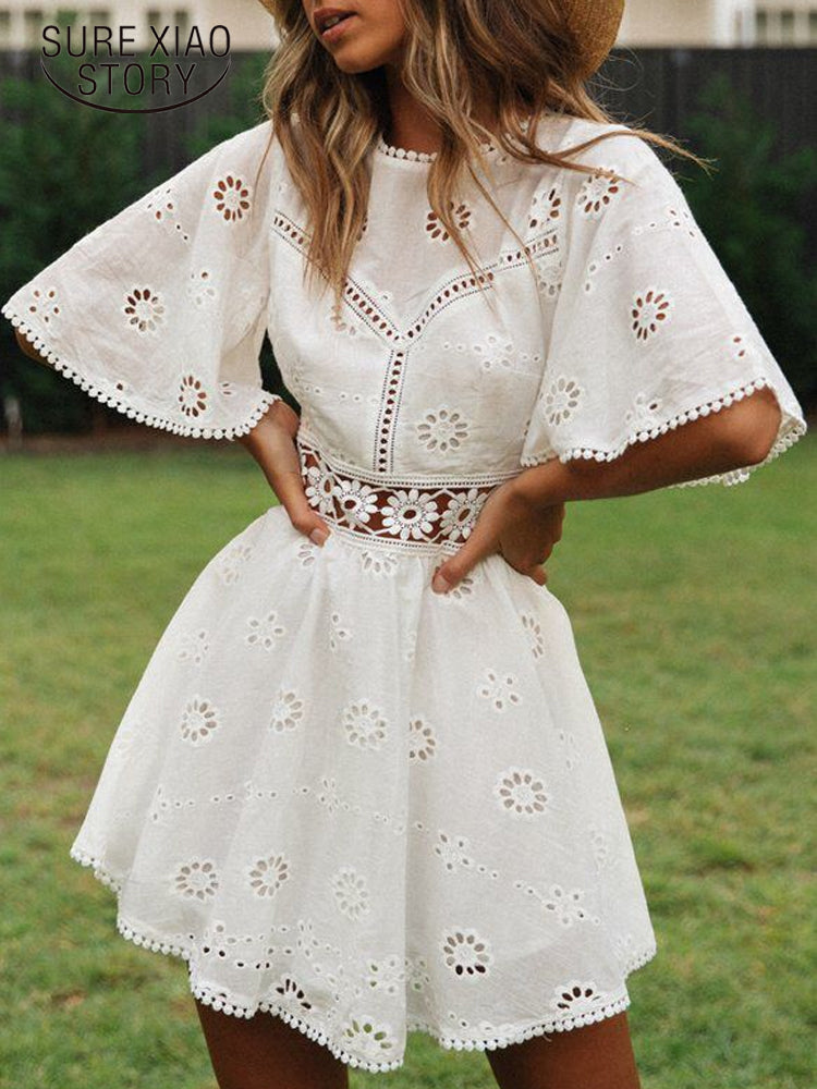 New White Summer Dress Hollow Out Casual Fashion Backless Mini Dresses Floral Embroidery Cotton Party Dress Women Robe 18504 - My She Shop