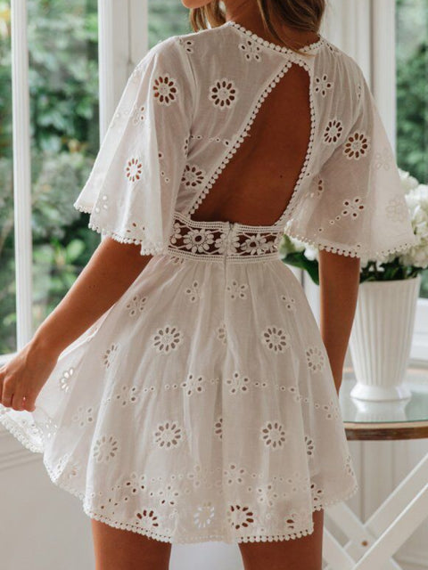 New White Summer Dress Hollow Out Casual Fashion Backless Mini Dresses Floral Embroidery Cotton Party Dress Women Robe 18504 - My She Shop