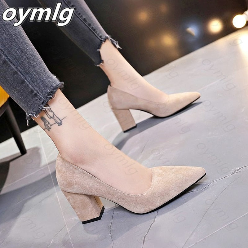 New Women Pumps Flock Sweet Thick High Heels Female Sexy Office Pointed Toe Dress Work Pump Cute Shoes Ladies Footwear - My She Shop