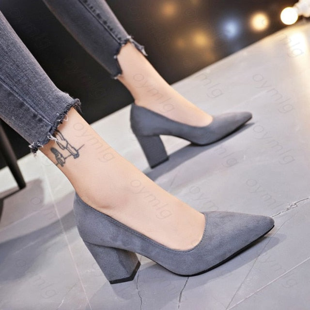 New Women Pumps Flock Sweet Thick High Heels Female Sexy Office Pointed Toe Dress Work Pump Cute Shoes Ladies Footwear - My She Shop