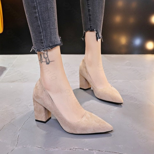 New Women Pumps Flock Sweet Thick High Heels Female Sexy Office Pointed Toe Dress Work Pump Cute Shoes Ladies Footwear - My She Shop