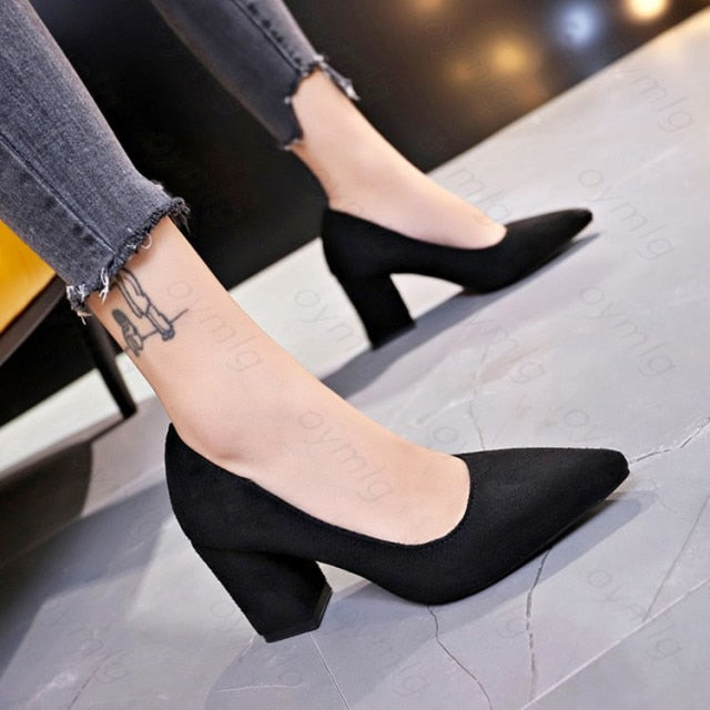 New Women Pumps Flock Sweet Thick High Heels Female Sexy Office Pointed Toe Dress Work Pump Cute Shoes Ladies Footwear - My She Shop