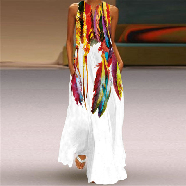 Plus Size Peacock Feather White Dress 2021 Casual Girl Long Dresses Summer Woman Sleeveless Beach Maxi Dress For Women Vestidos - My She Shop