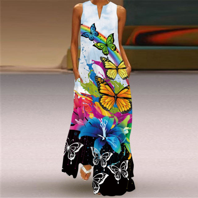 Plus Size Peacock Feather White Dress 2021 Casual Girl Long Dresses Summer Woman Sleeveless Beach Maxi Dress For Women Vestidos - My She Shop