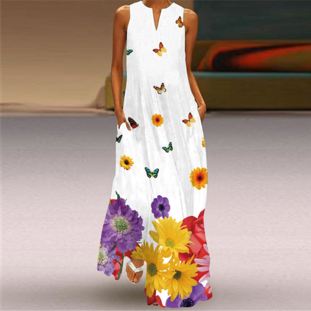 Plus Size Peacock Feather White Dress 2021 Casual Girl Long Dresses Summer Woman Sleeveless Beach Maxi Dress For Women Vestidos - My She Shop