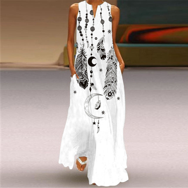 Plus Size Peacock Feather White Dress 2021 Casual Girl Long Dresses Summer Woman Sleeveless Beach Maxi Dress For Women Vestidos - My She Shop