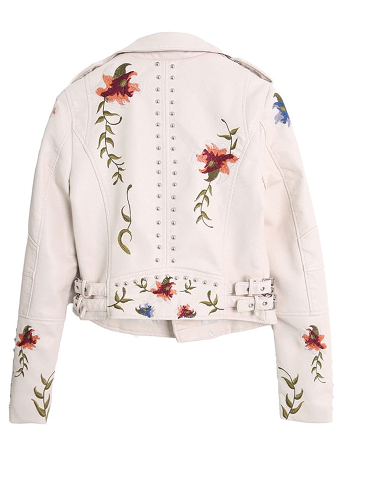 FTLZZ Embroidered Soft Faux Leather Jacket