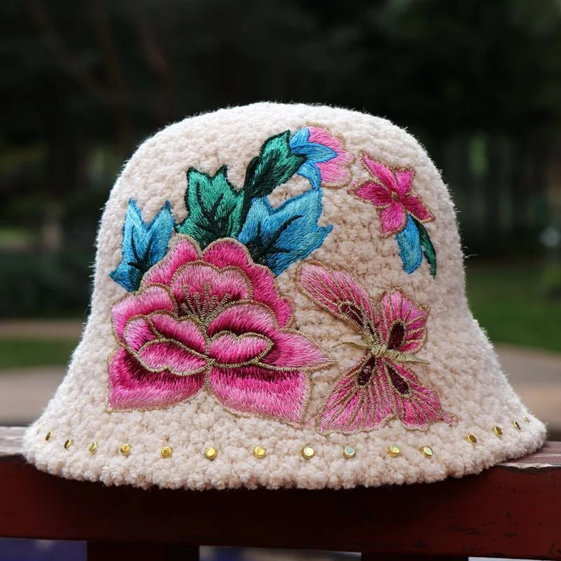 Warm Fuzzy Embroidered & Studded Vintage Cap Hat