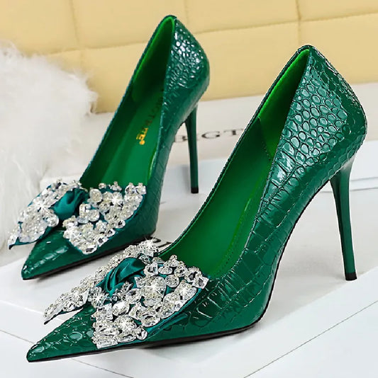 BIGTREE Rhinestone Bow Patent Leather Stiletto Shoes