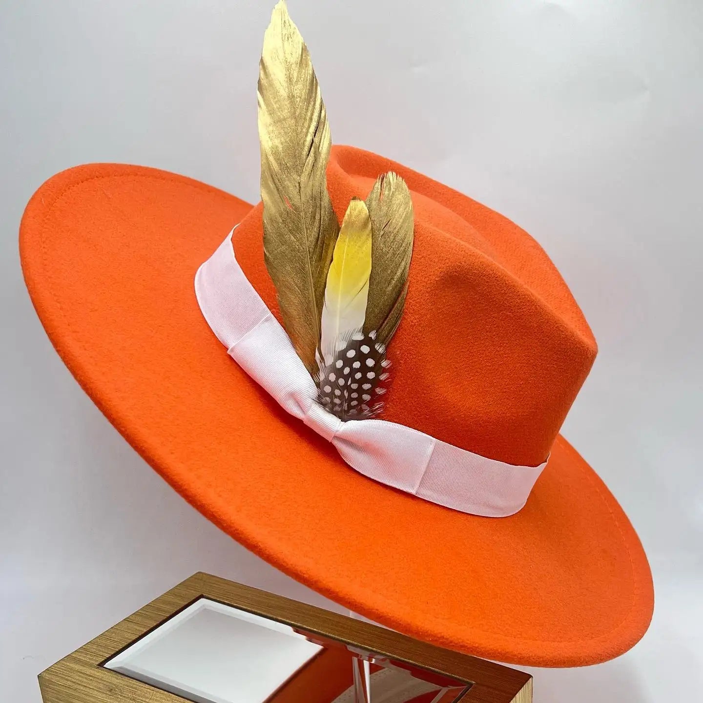 Orange fedora hat 9.5cm brim feather accessories wide brim jazz hat female imitation fedora hat male fashion panama hat wedding
