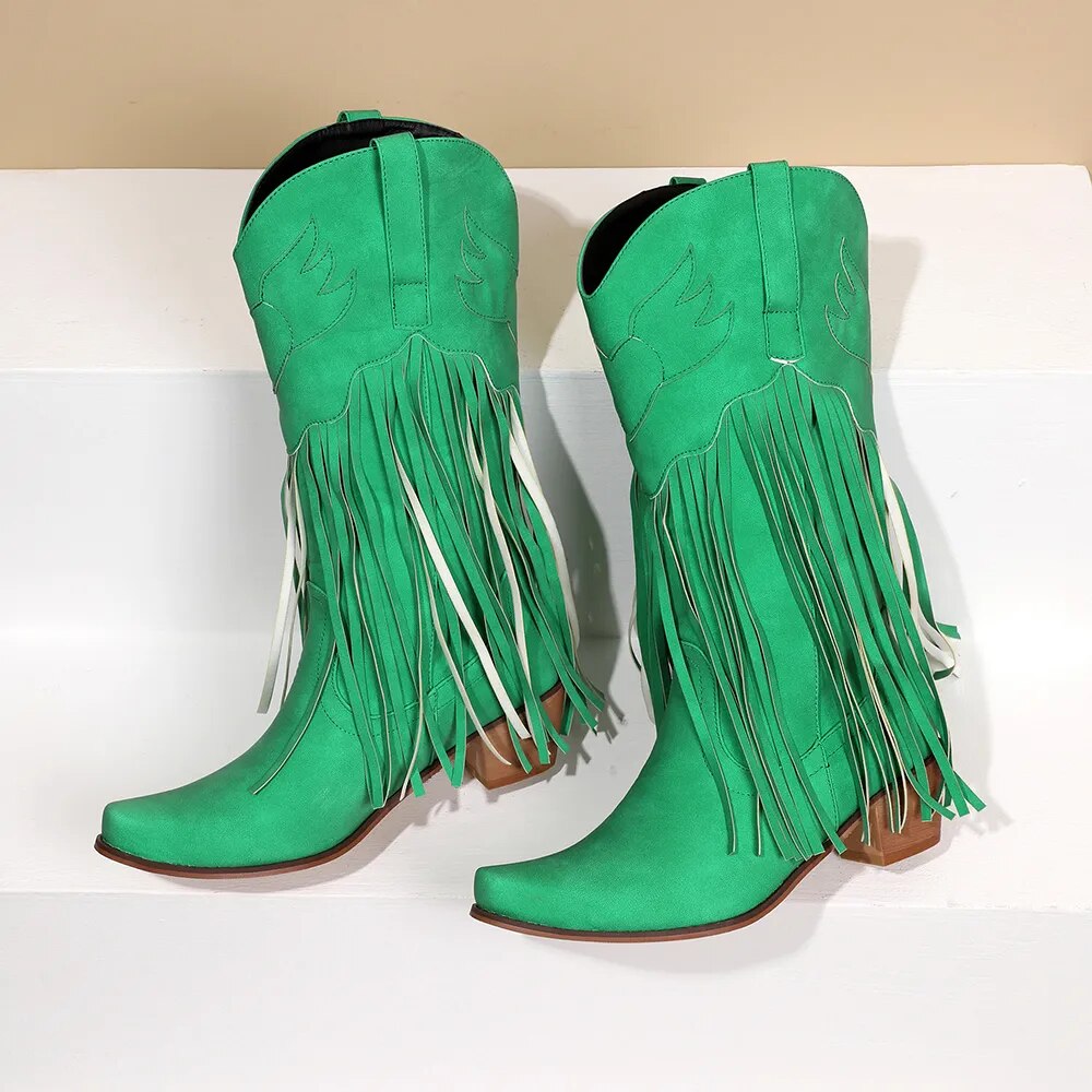 DIANE LOCKHART Fringed Mid-Calf Western Cowboy Boots