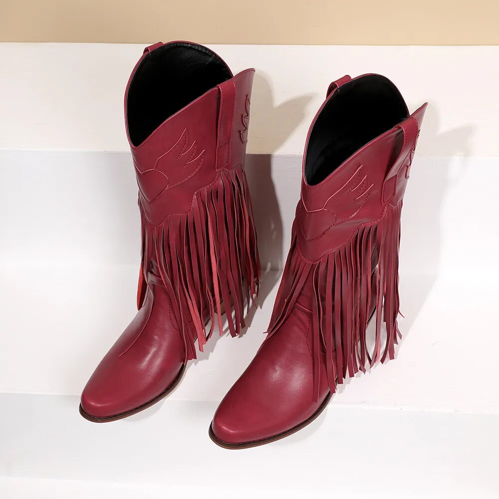 DIANE LOCKHART Fringed Mid-Calf Western Cowboy Boots