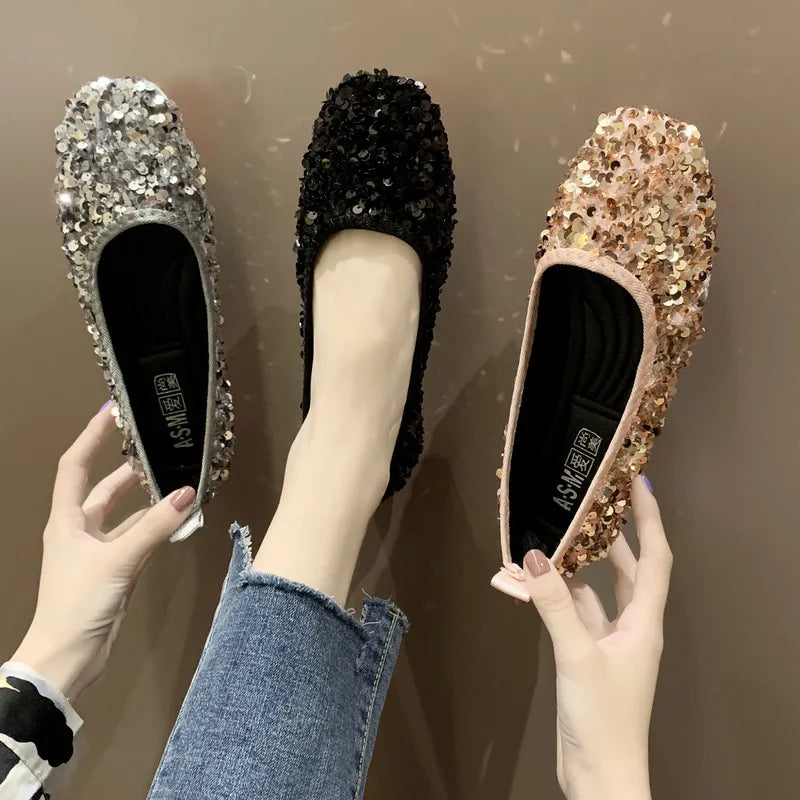 COMEMORE Luxury Sequins Non-slip Ballet Flat Shoes