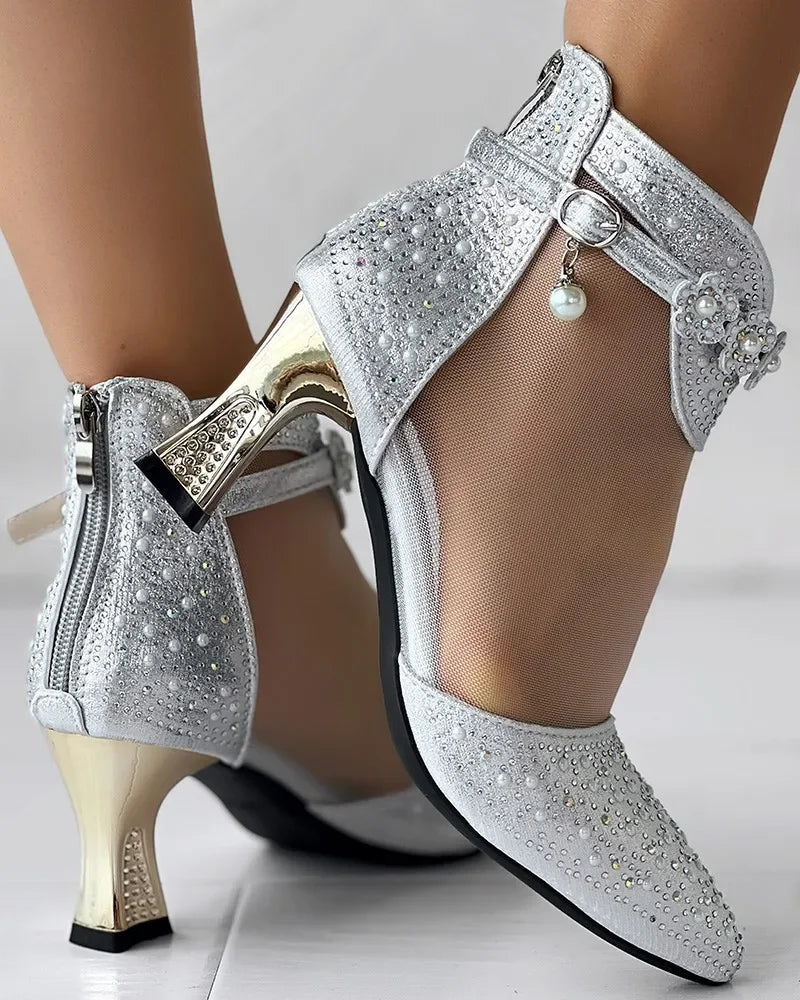 RYAMAG Ankle Buckle Pearl Bedazzled Shoes