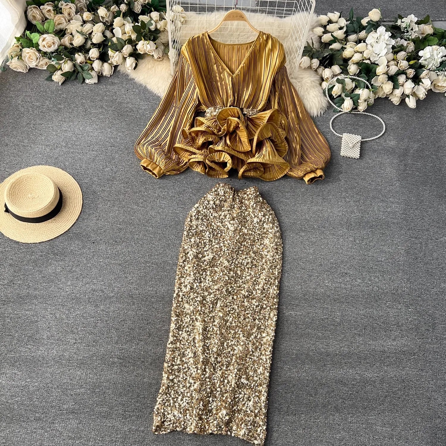 Sexy Club Luxury Sequined 2 Pieces Set Women V Neck Lantern Sleeve Belt Ruffles Shirt Top + Elastic Waist Bodycon Skirt Suit