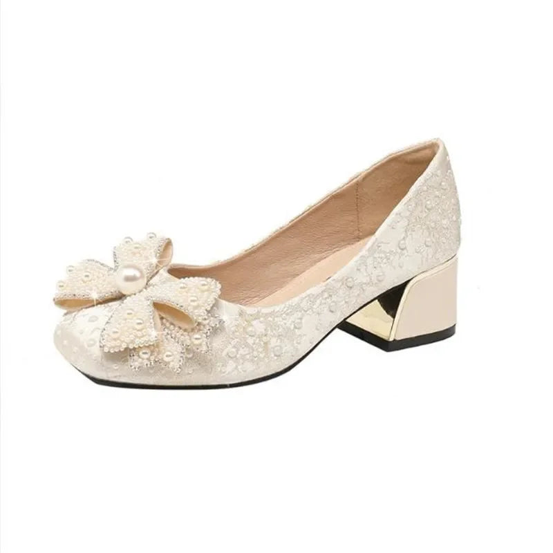 Luxury Bling Bow Low Square Heel Shoes