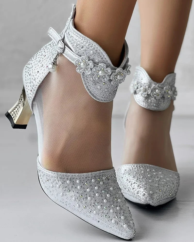 RYAMAG Ankle Buckle Pearl Bedazzled Shoes