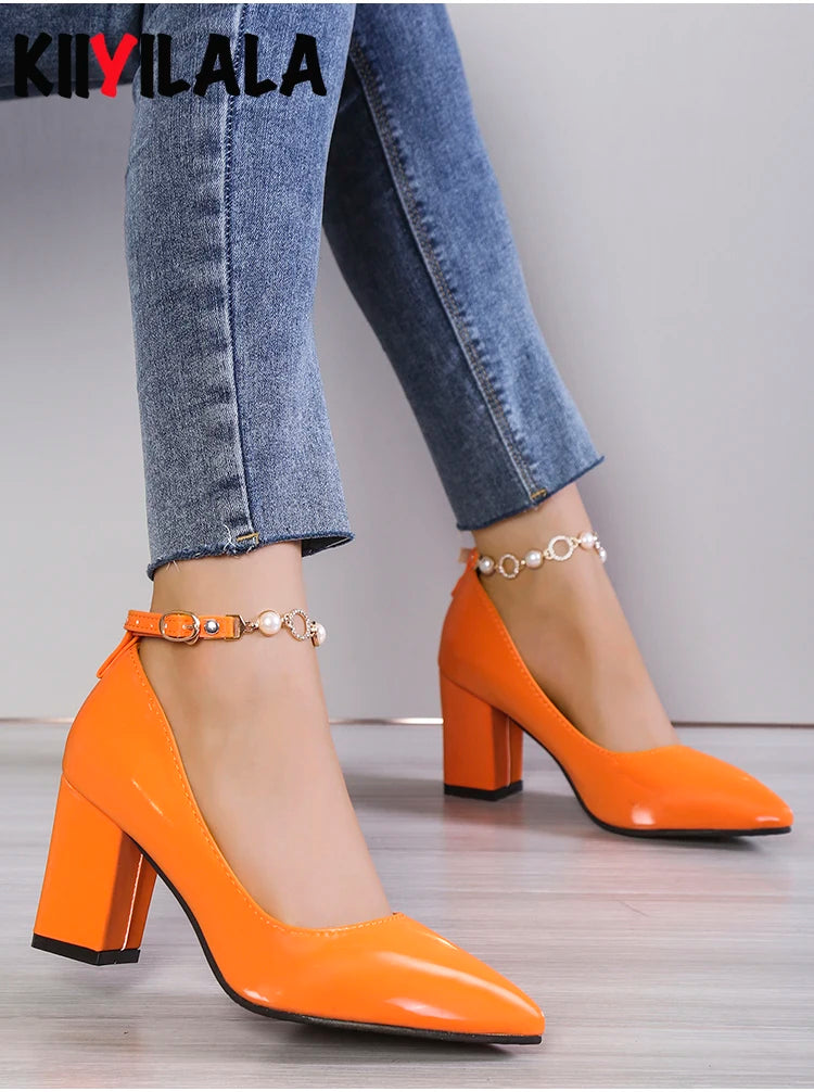 LAZYSEAL Pearl Crystal Chain Buckle Square Heel Shoes