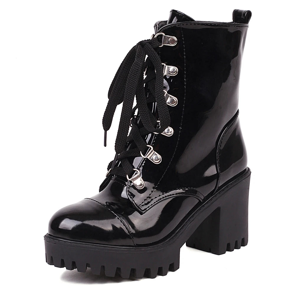 Lace Up Sexy Women's Boot Winter Fashion Platform Boots Punk High Heels Black Yellow White Ankle Boots Autumn Rubber Shoes Women