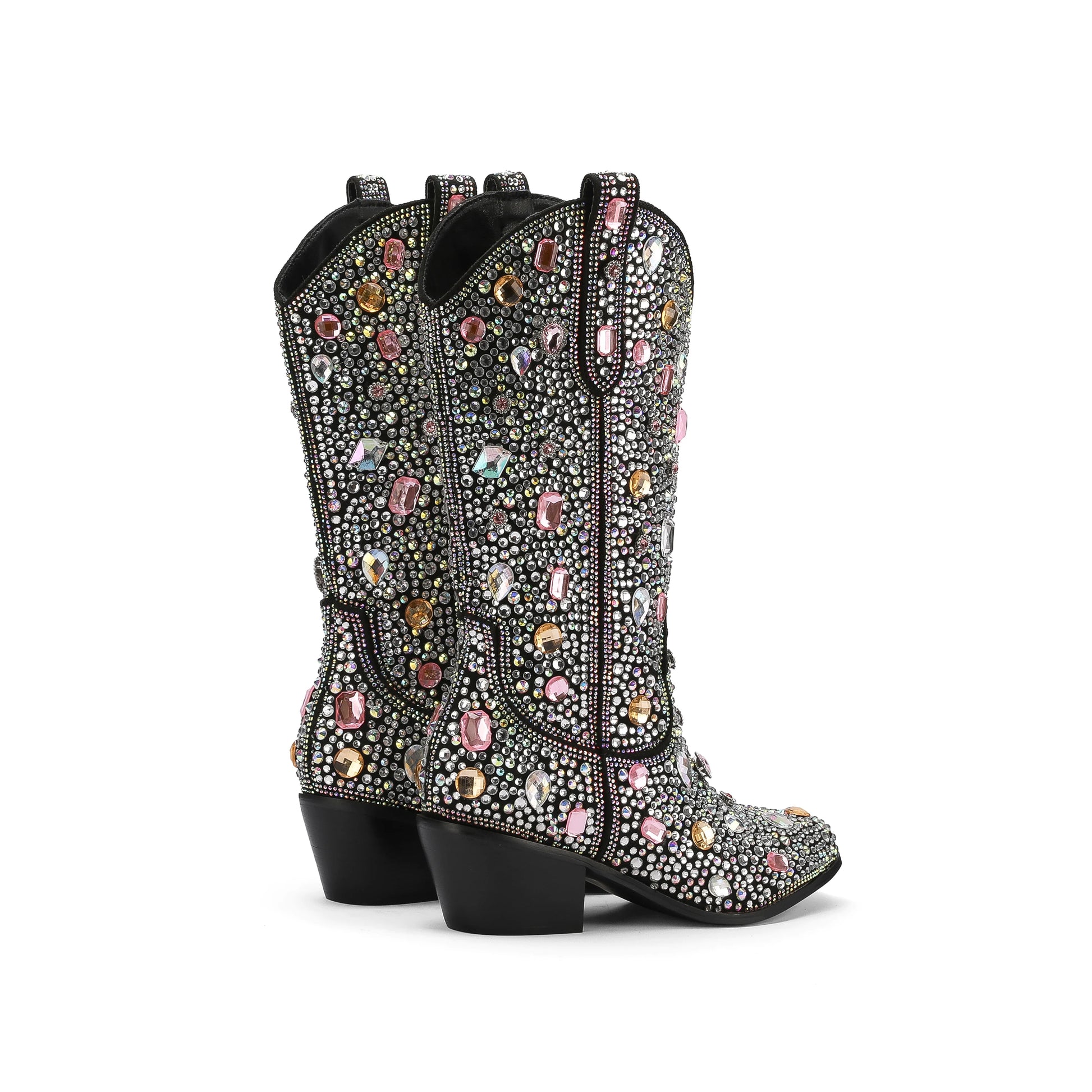 Round Toe Multi-Colored Rhinestone Style Long Biker Boots