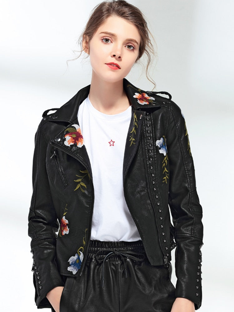 FTLZZ Embroidered Soft Faux Leather Jacket