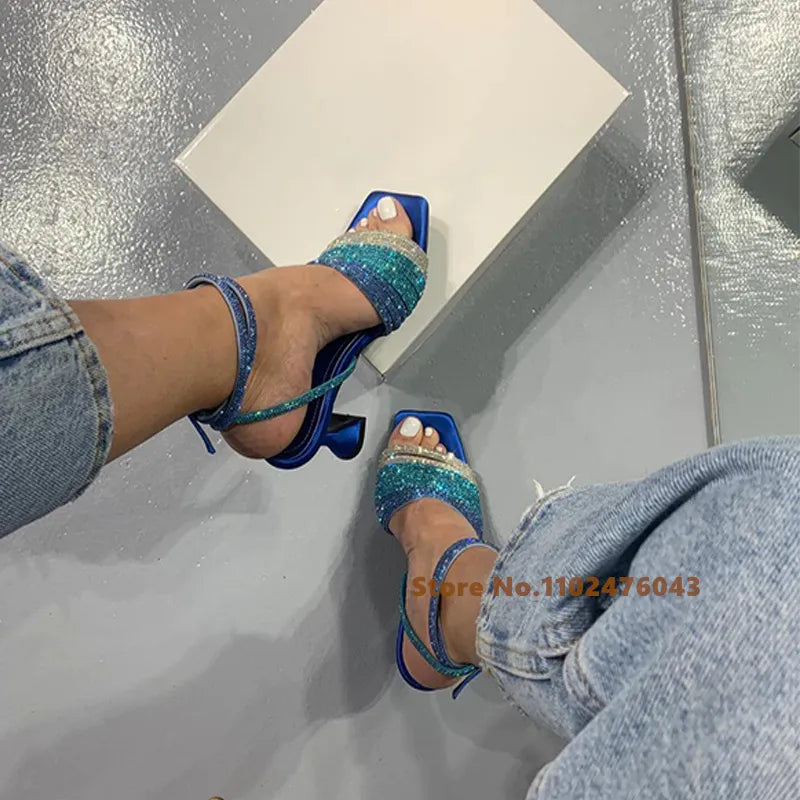 EMELINE DUBOIS Blue Rhinestone Ankle Strap Sandal Shoes